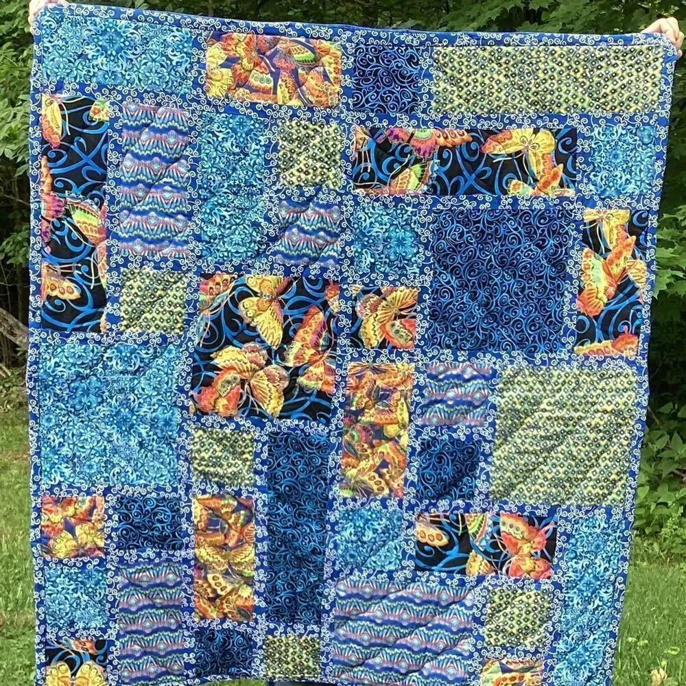 NWT. Hand Crafted Blue Butterflies Lap Quilt